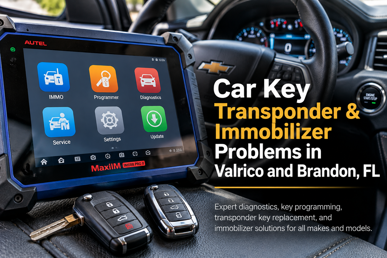 Automotive locksmith diagnostic tablet and car keys illustrating transponder key programming and immobilizer problems in Valrico and Brandon, Florida.