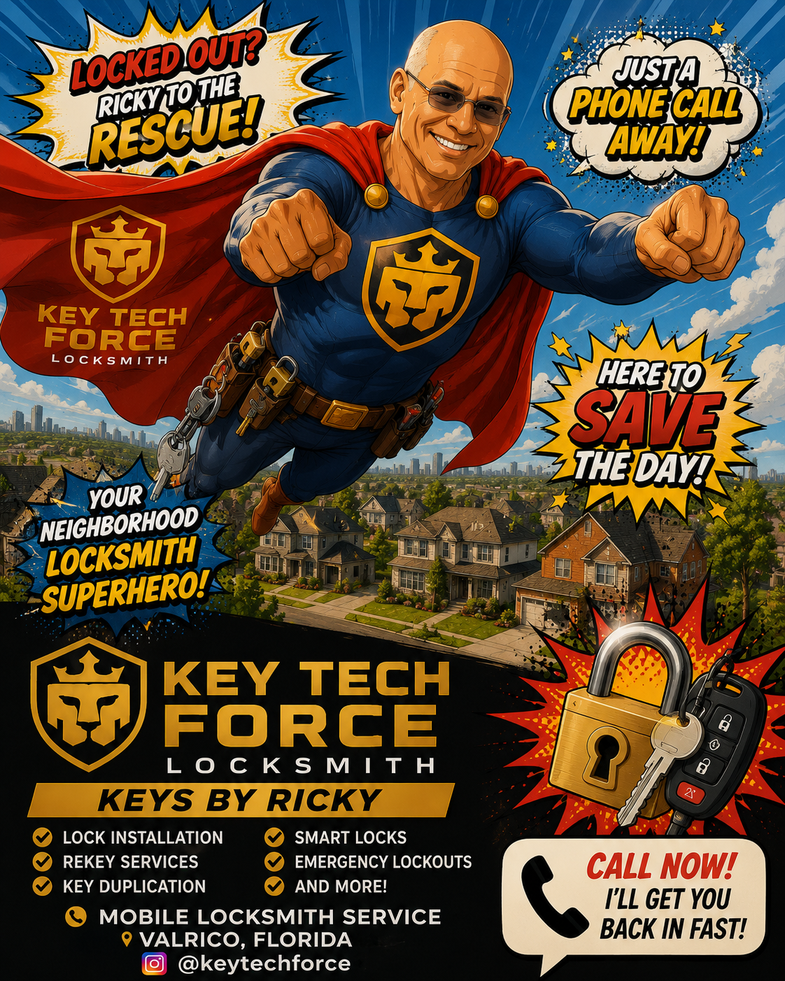 Marvel-style superhero illustration promoting Key Tech Force Locksmith, featuring a proud locksmith in a blue superhero costume with a lion emblem, red cape, flying over a neighborhood with houses. Has comic-style speech bubbles with phrases like 'Locked out? Ricky to the rescue!', 'Just a phone call away!', 'Here to save the day!', and a graphic with a padlock and keys. Lists locksmith services and contact info, including Instagram handle @keytechforce.