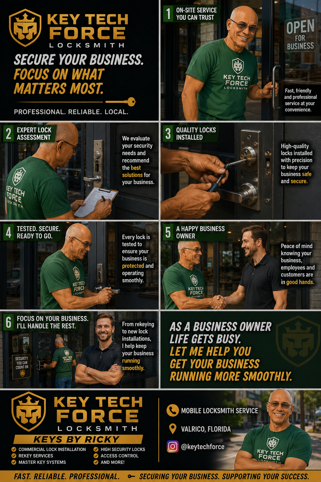 A promotional poster for Key Tech Force Locksmith featuring a smiling locksmith in a green uniform outside a business. The poster highlights services including expert lock assessment, high-quality locks, and professional installation. The locksmith holds a clipboard and tools, emphasizing safety and security. The bottom section contains contact info, social media handles, and a tagline about reliable, professional locksmith services.