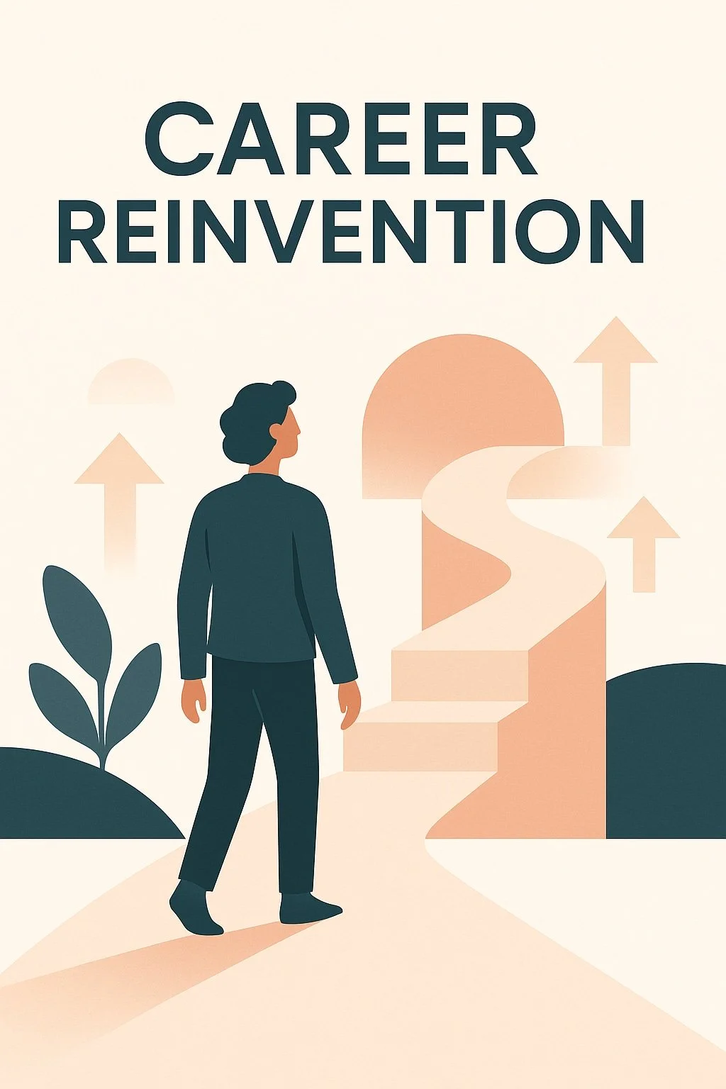 Illustration of a person looking towards a winding staircase with arrows pointing upwards and the text 'Career Reinvention' at the top.