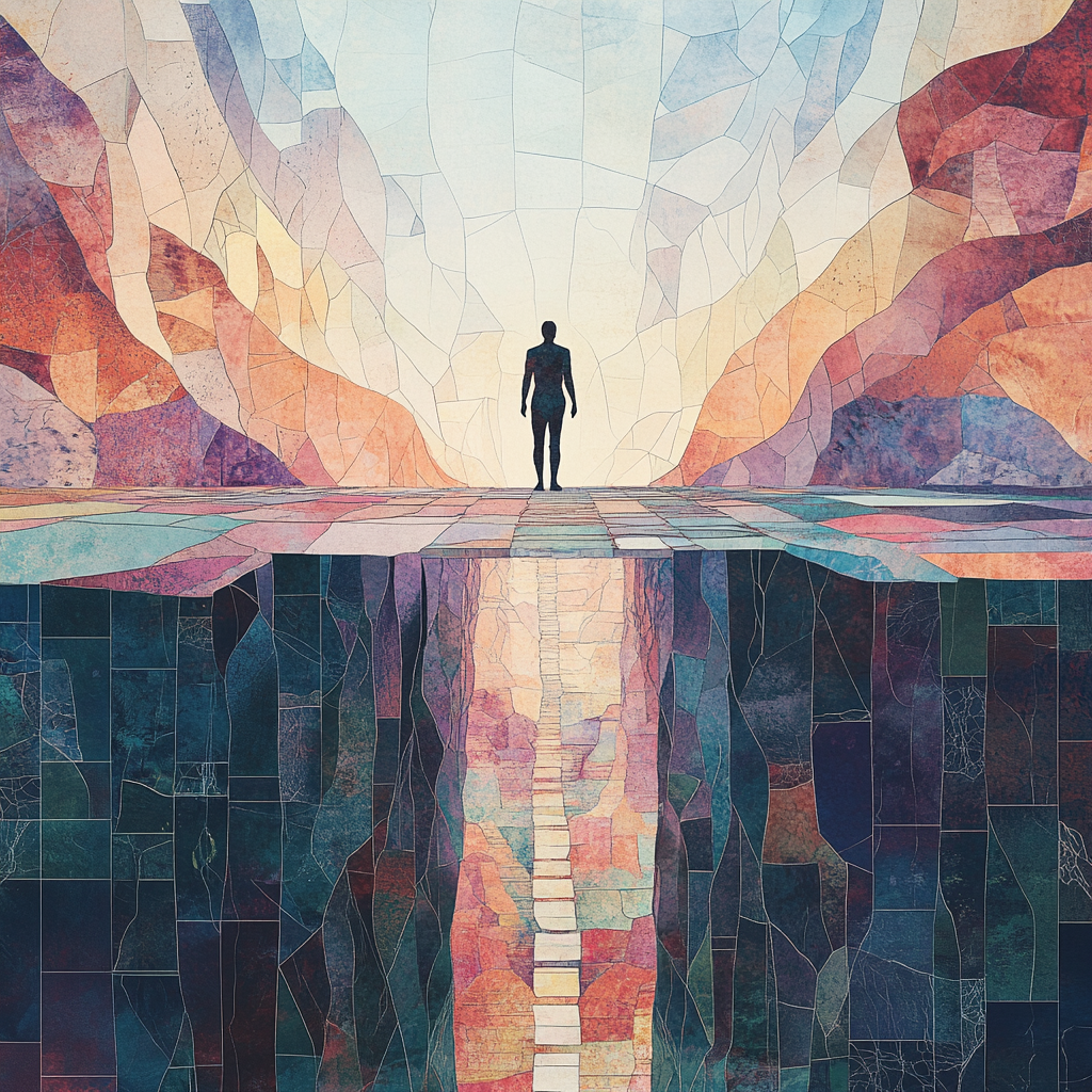A stylized, abstract digital painting of a person standing on a bridge over a reflective, colorful canyon with towering rocky walls and a bright sky.