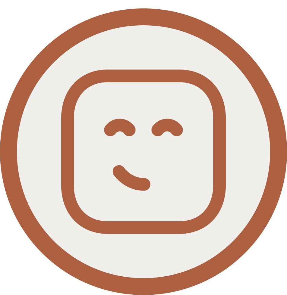 A circular logo with a coffee-themed smiley face, featuring a smiling face with closed eyes and a curved mouth, outlined in brown on a white background.