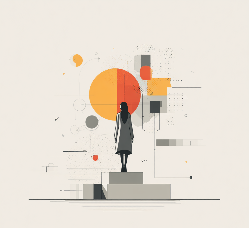 A woman standing on a platform in front of an abstract digital art composition featuring circles, squares, and lines in orange, gray, and black.