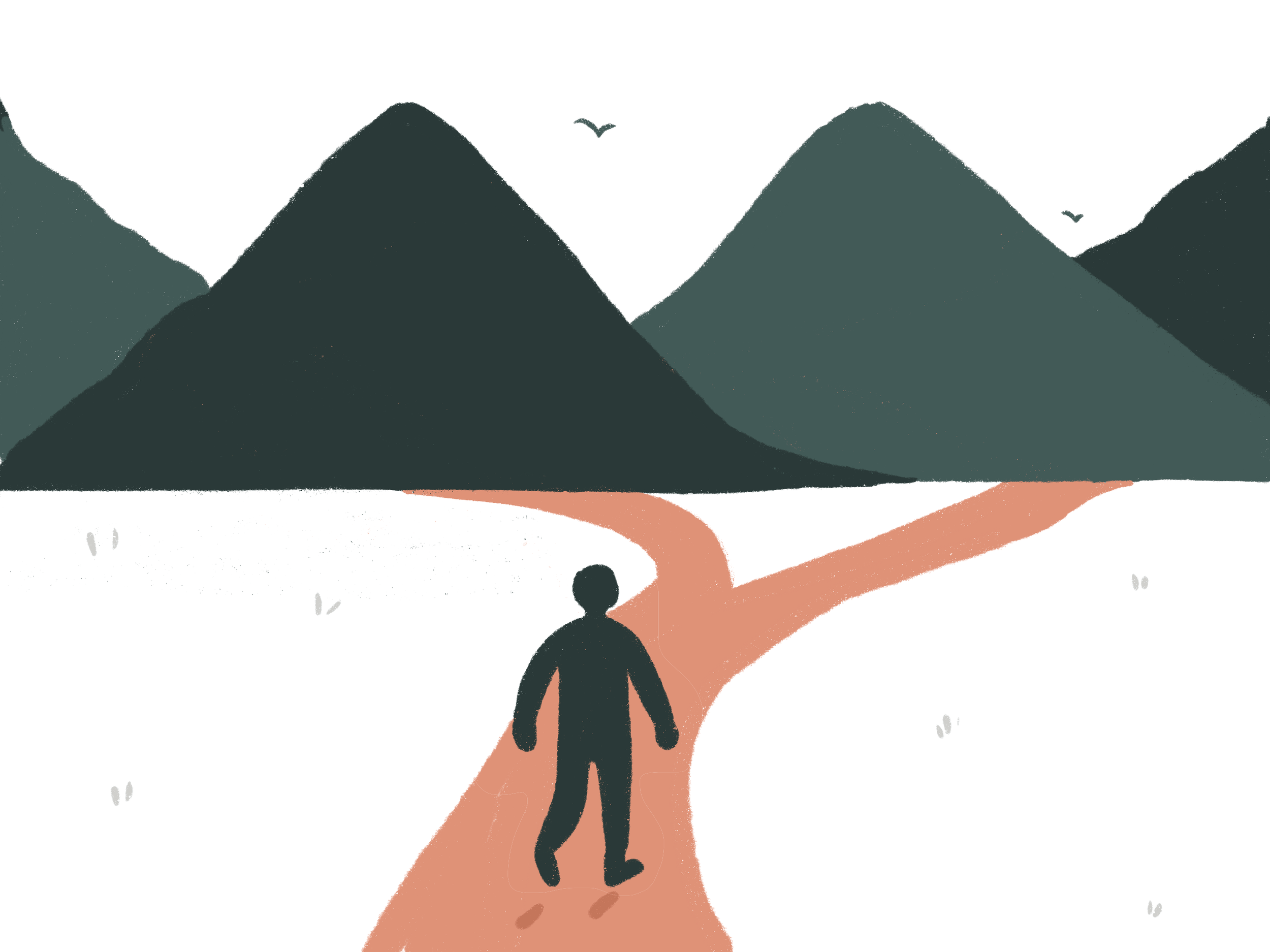 A minimalist illustration of a winding river flowing through a valley surrounded by green hills, with a red sun in the sky and two birds flying.