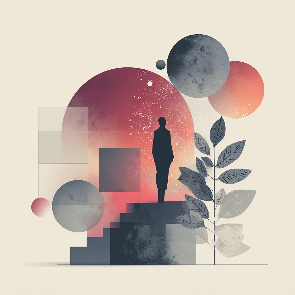 Silhouette of a person standing on stairs in front of a large red and pink circle with other smaller circles and geometric shapes, abstract background with leaves and a starry sky.