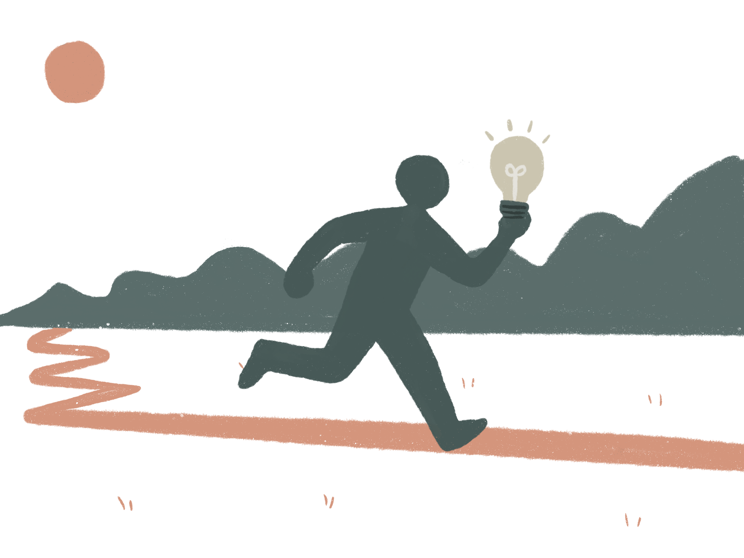 A person with short dark hair viewed from behind, standing outdoors and looking at a mountain landscape during sunset, with mountains, clouds, and a bird in the sky.