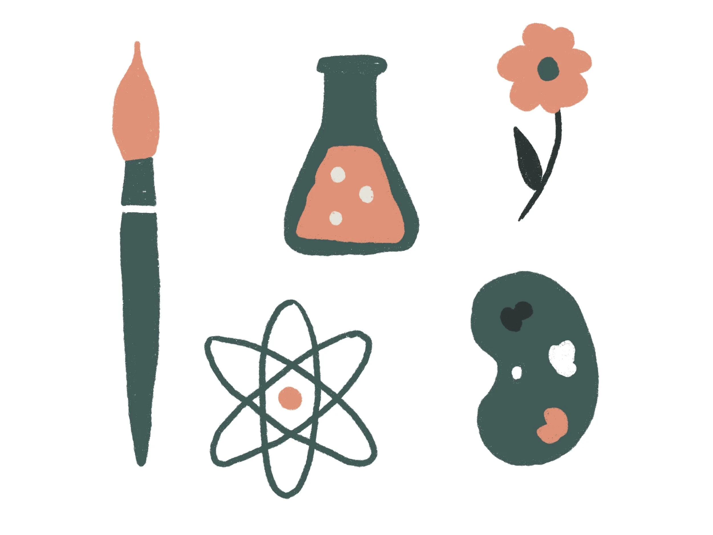 Six science-themed illustrations including a paintbrush, a laboratory flask, a flower, an atom, and a biological cell.