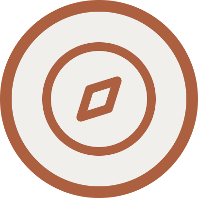Brown and white logo with a diamond shape inside a circle.