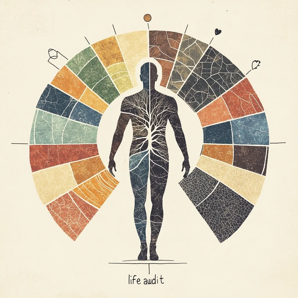 A human silhouette with tree branches inside, surrounded by a circular color-coded chart representing life audit aspects like health, relationships, and finances, labeled 'life audit' at the bottom.