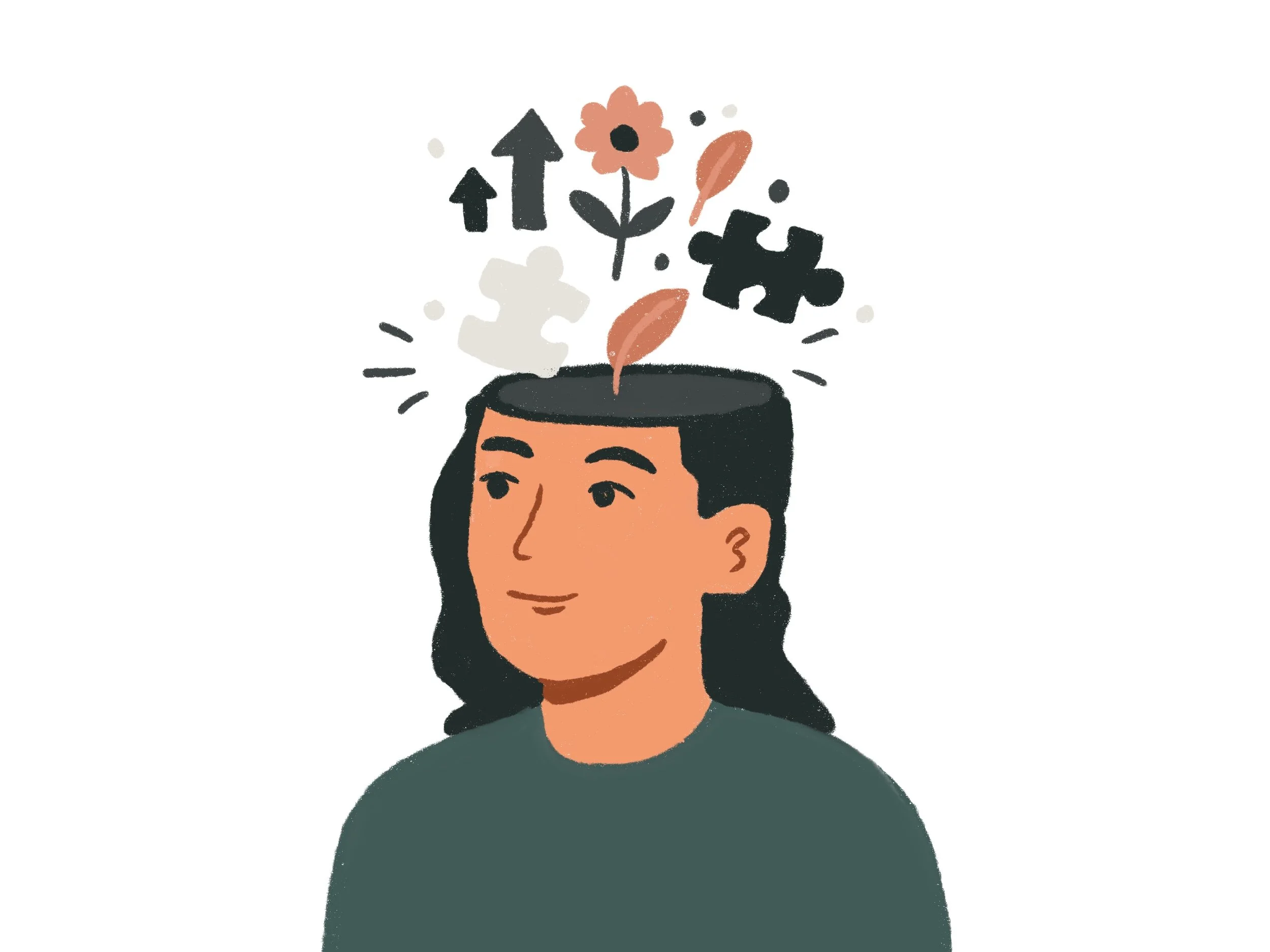 Illustration of a person with puzzle pieces, arrows, and plants emerging from their head, symbolizing ideas and growth.