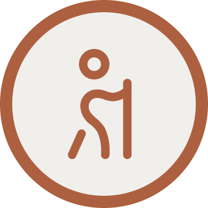 A circular icon with a brown border, featuring a brown stick figure playing golf with a golf club and ball.