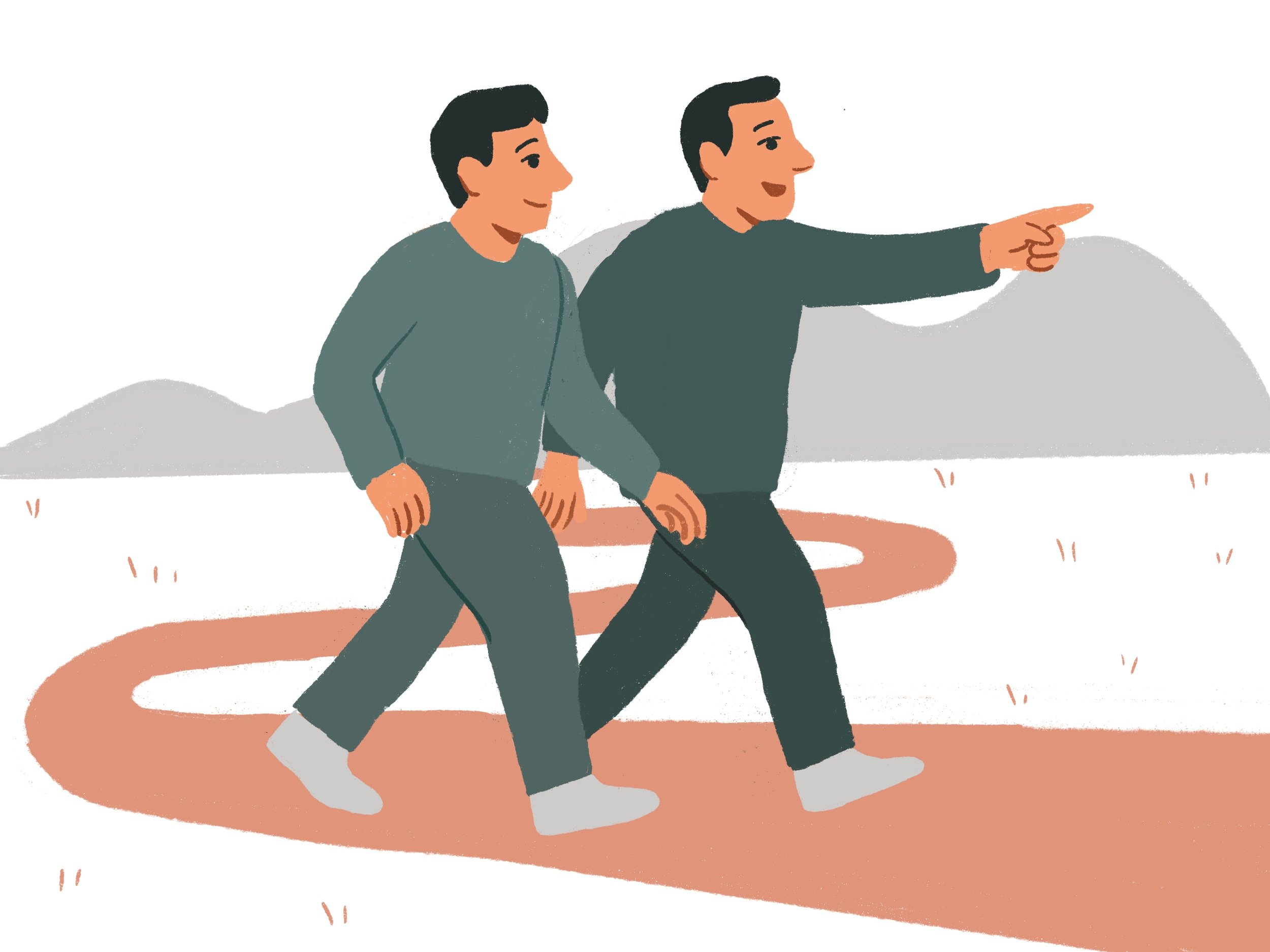 Two men walking on a curved path in a park, one pointing ahead, with hills in the background.