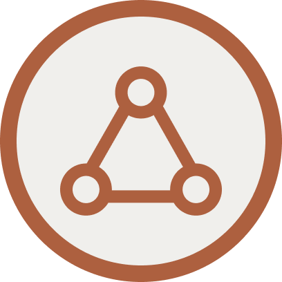Icon with three interconnected circles forming a triangle inside a brown circular border.