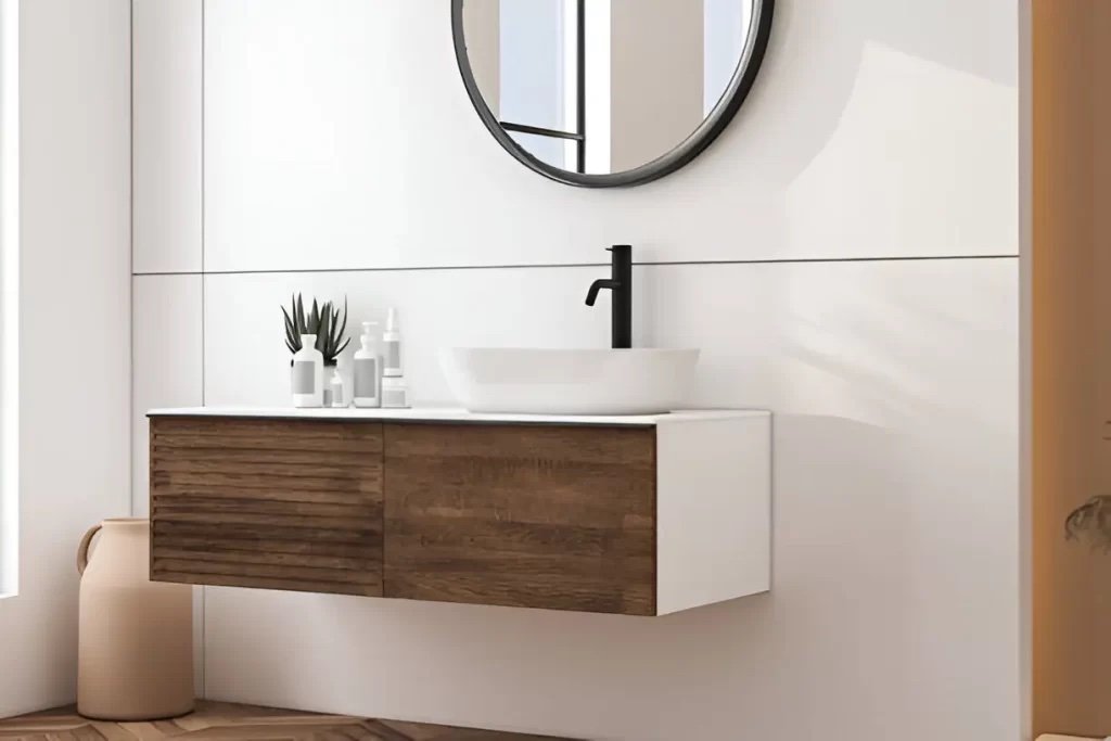 Modern bathroom with a floating wooden vanity, round mirror, and vessel sink; minimalist decor with small plants and toiletries.