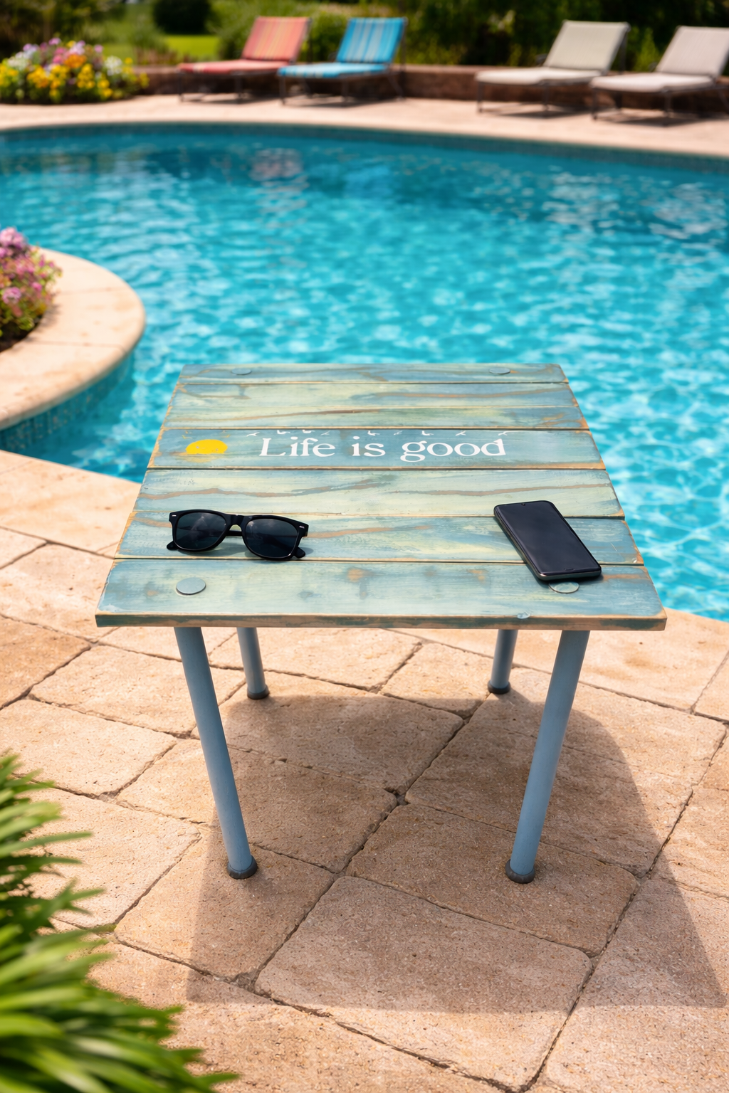 life is good portable table next to a pool used as a patio table