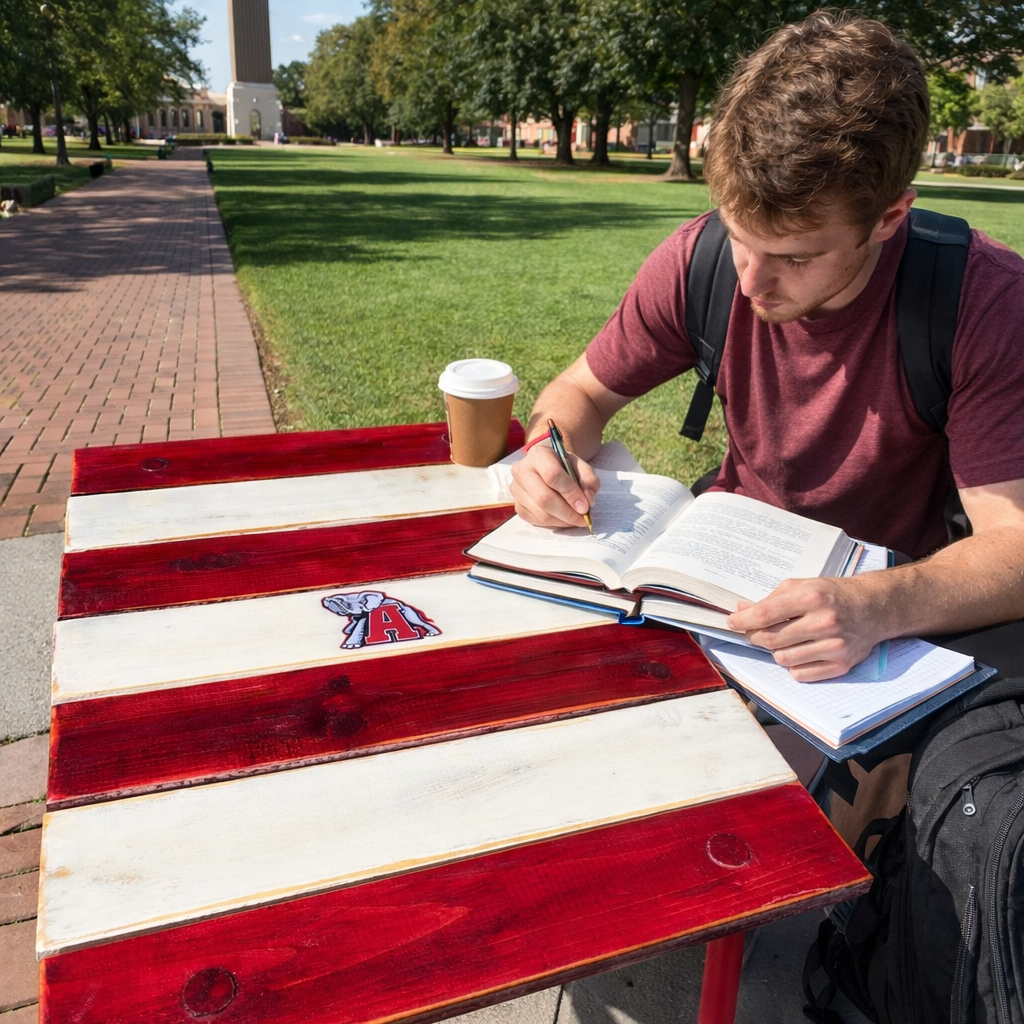 Red and white Alabama roll-out table in a bag on a college campus with a student studying next to the table outdoors