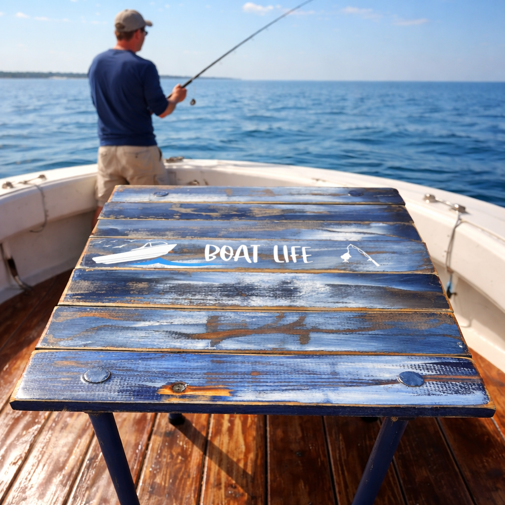 denim blue cedar roll out table on a fishing boat
