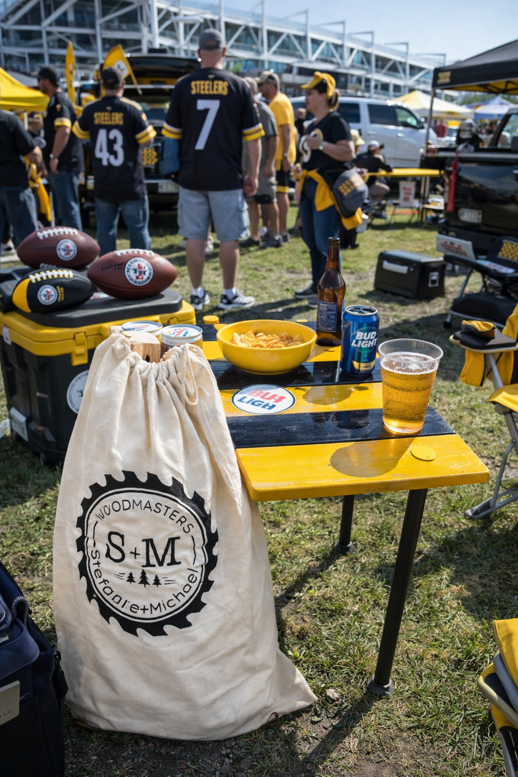 Canvas carry bag beside a Pittsburgh Steelers roll-out table in a bag