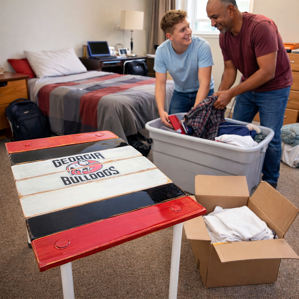Georgia Bulldogs roll out table in college dorm room during move in with student unpacking and father helping