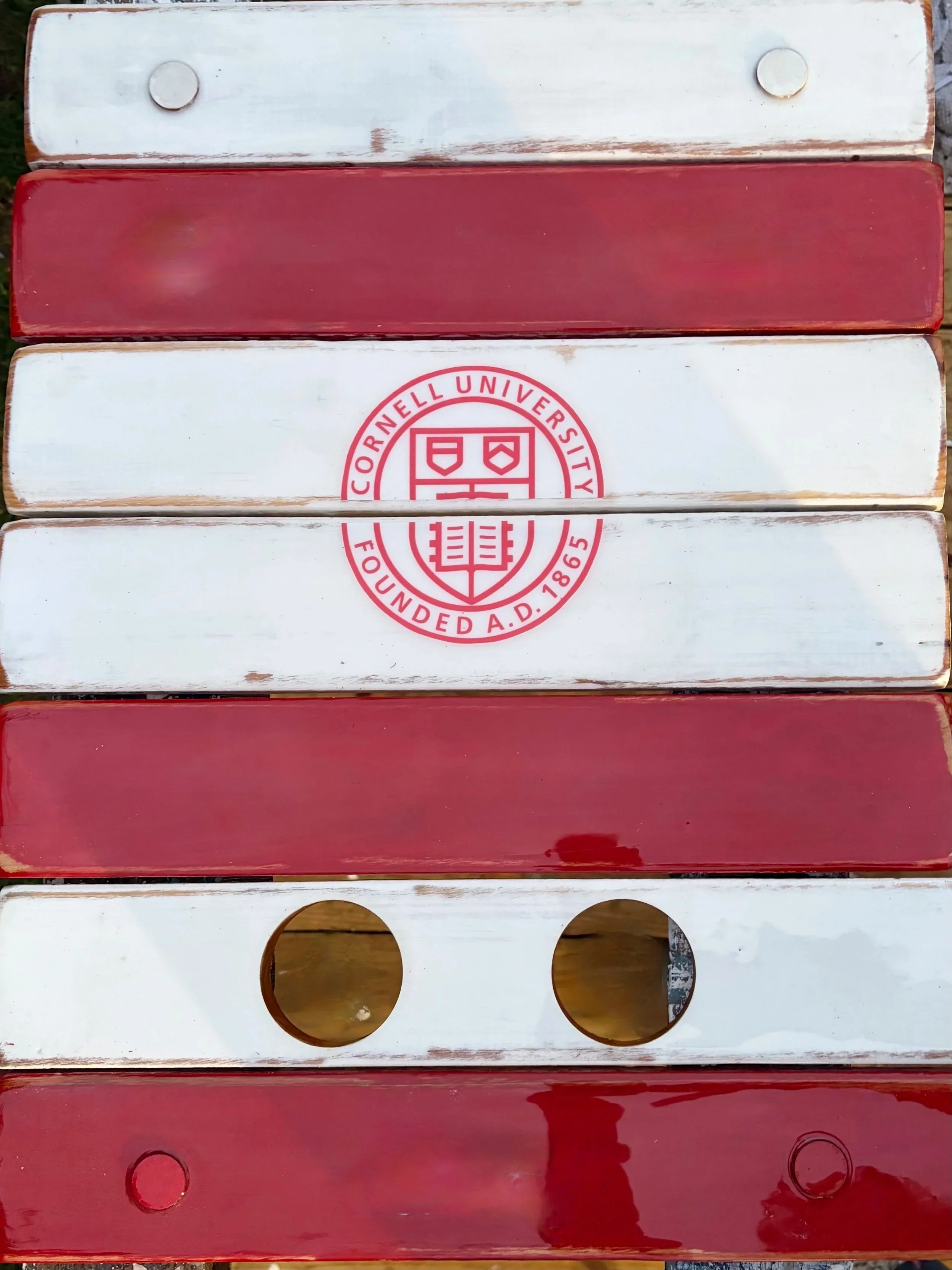 cornell red and white roll out table in a bag top view with cup holders