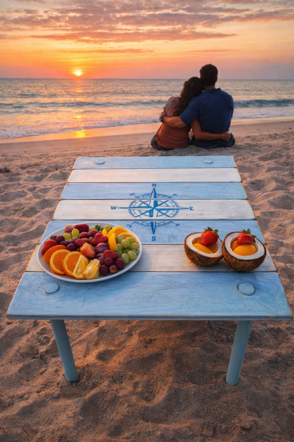 a light blue and white roll out table in a bag with a blue compass rose on it seen on a boat with 2 people at the beach at sunset
