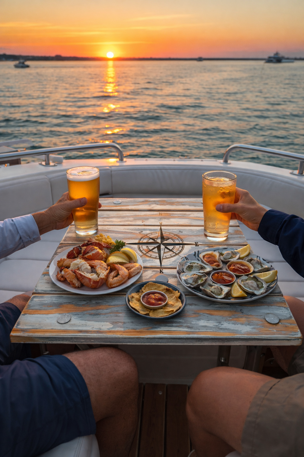 A boat at sunset with two people sitting at a table enjoying seafood and drinks, with a view of the water and other boats in the background.