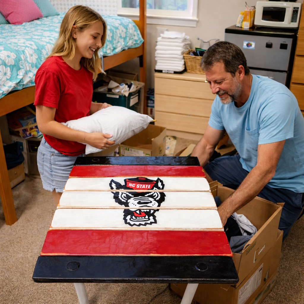NC State roll-out table in a dorm room on move-in day with a college daughter and her dad unpacking