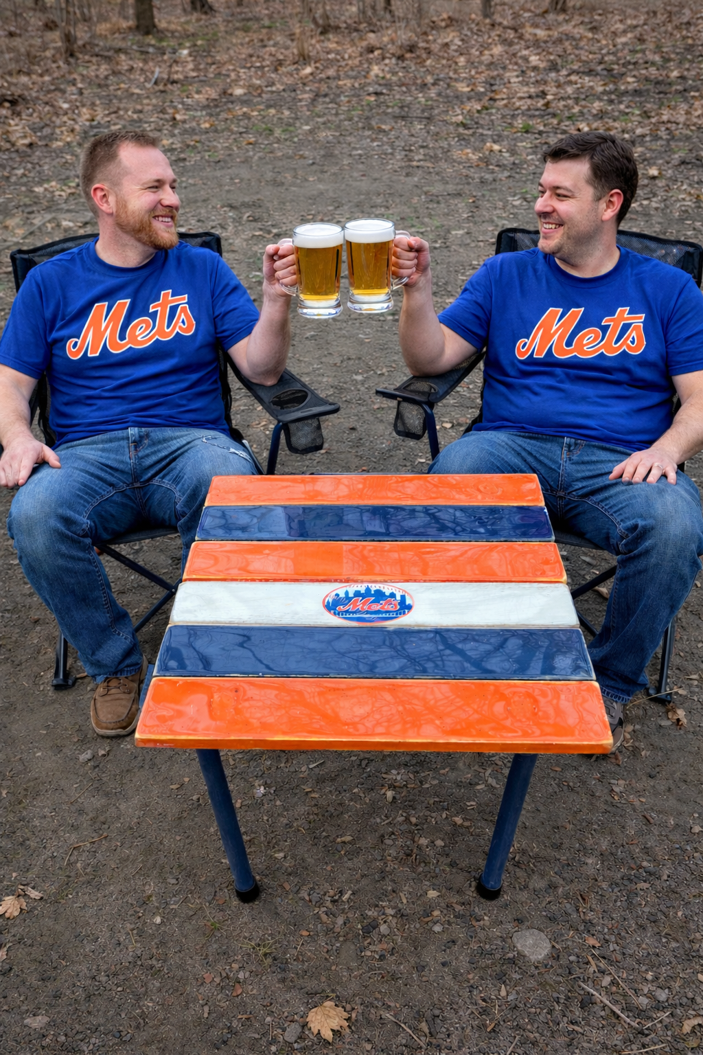 Handcrafted New York Mets roll-out table in a bag with orange, blue, and white cedar boards, portable folding tailgate table with three men enjoying beers outdoors