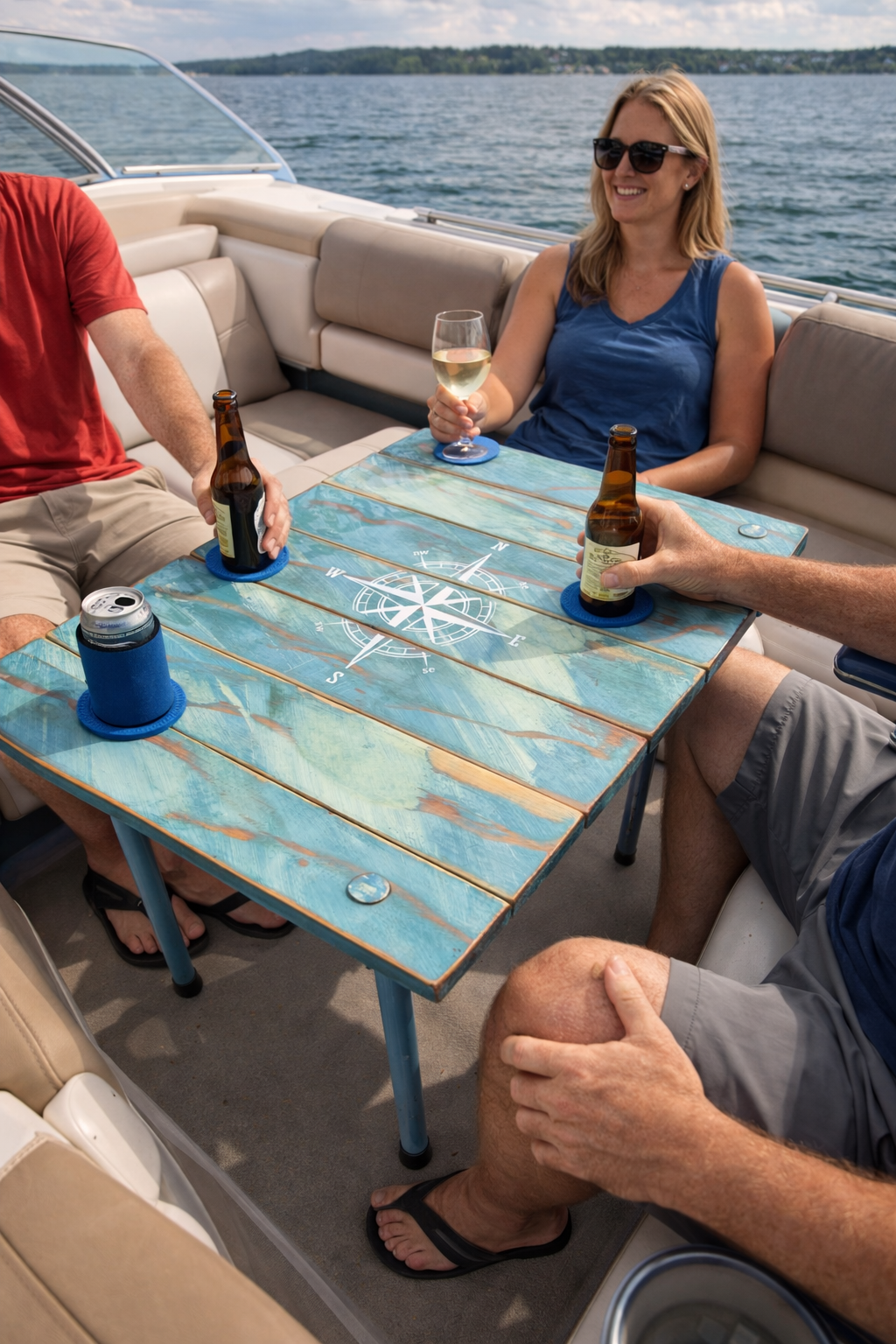 turquoise portable beach table with a white compass rose on a boat with people drinking beers