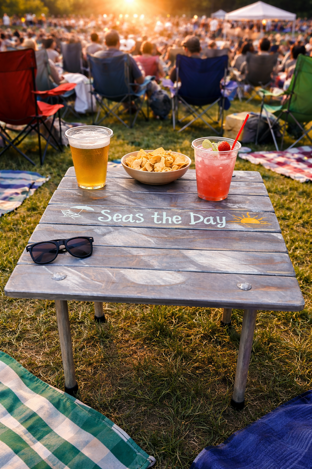a gray whitewash portable beach table in a bag with the saying seas the day  in white font being used at an outdoor concert to hold drinks