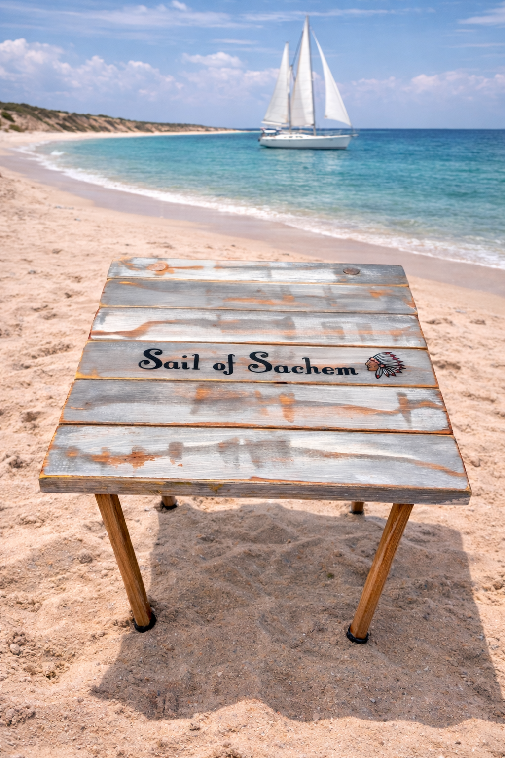 Custom gray cedar roll-out table with boat name “Sail of Sachem,” set on sandy beach with sailboat in ocean background