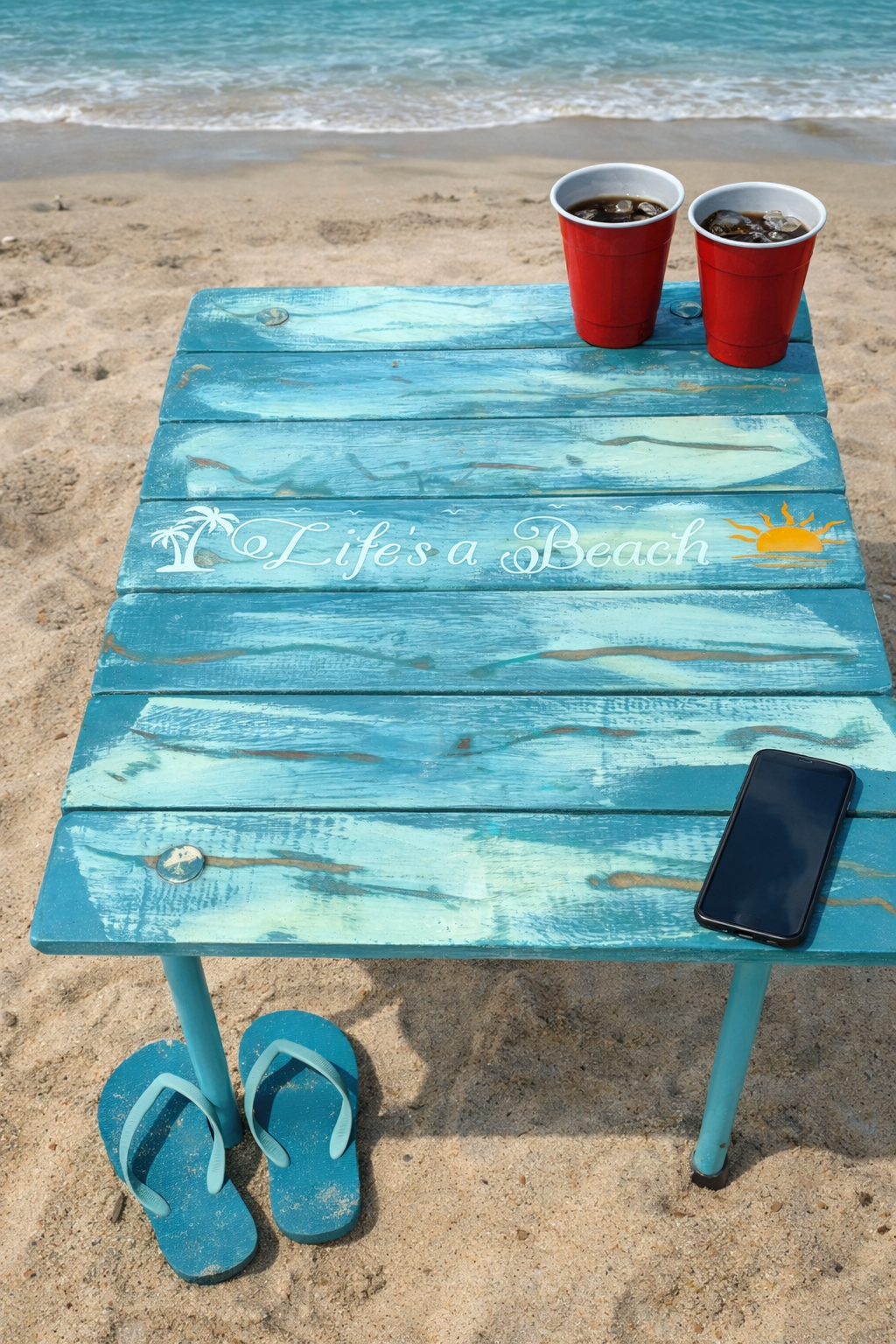 life's a beach turquoise portable beach table in a bag on the beach with two red cups