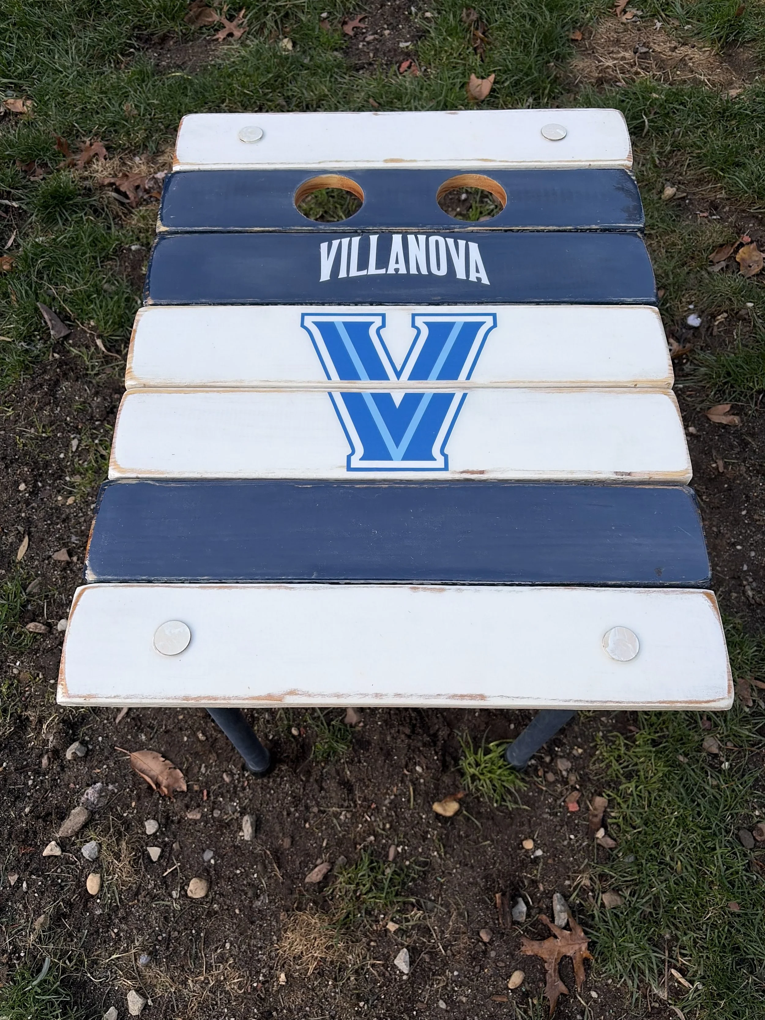 Villanova roll-out table set up for college tailgating, portable cedar table with logo and built-in cup holders