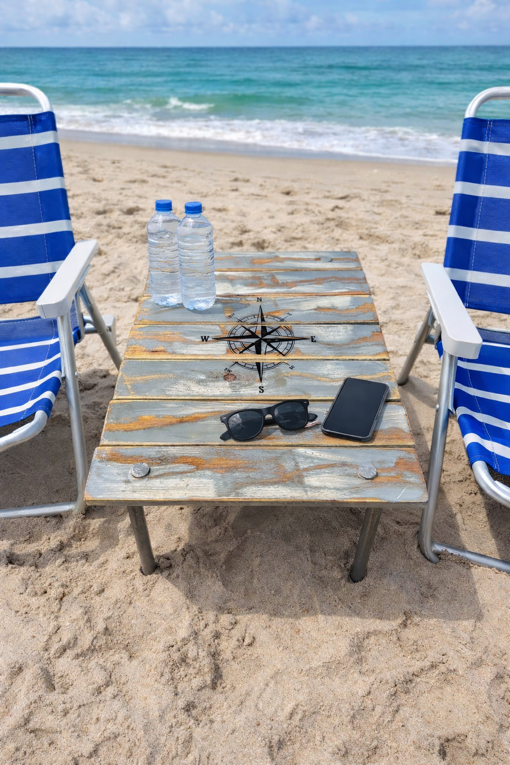 gray whitewashed roll out table in a bag with a black compass rose of it at the beach with two beach chairs. There's. a cell phone on the table