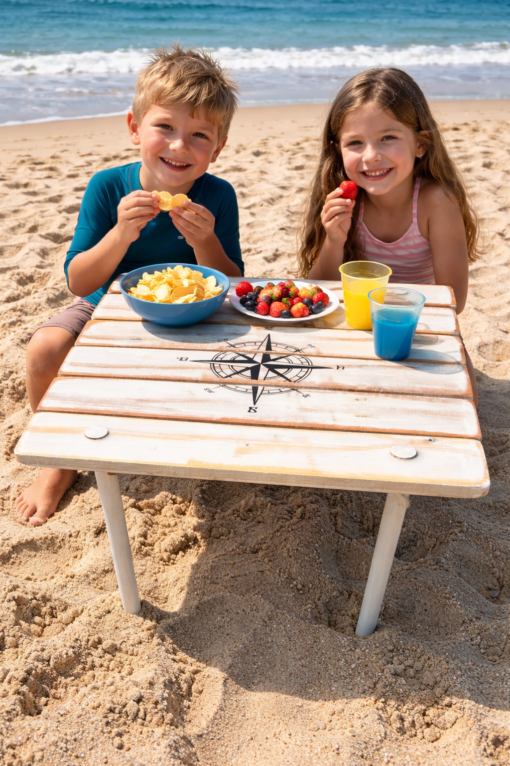 a white washed portable beach table in a bag on the beach with two kids eating snacks