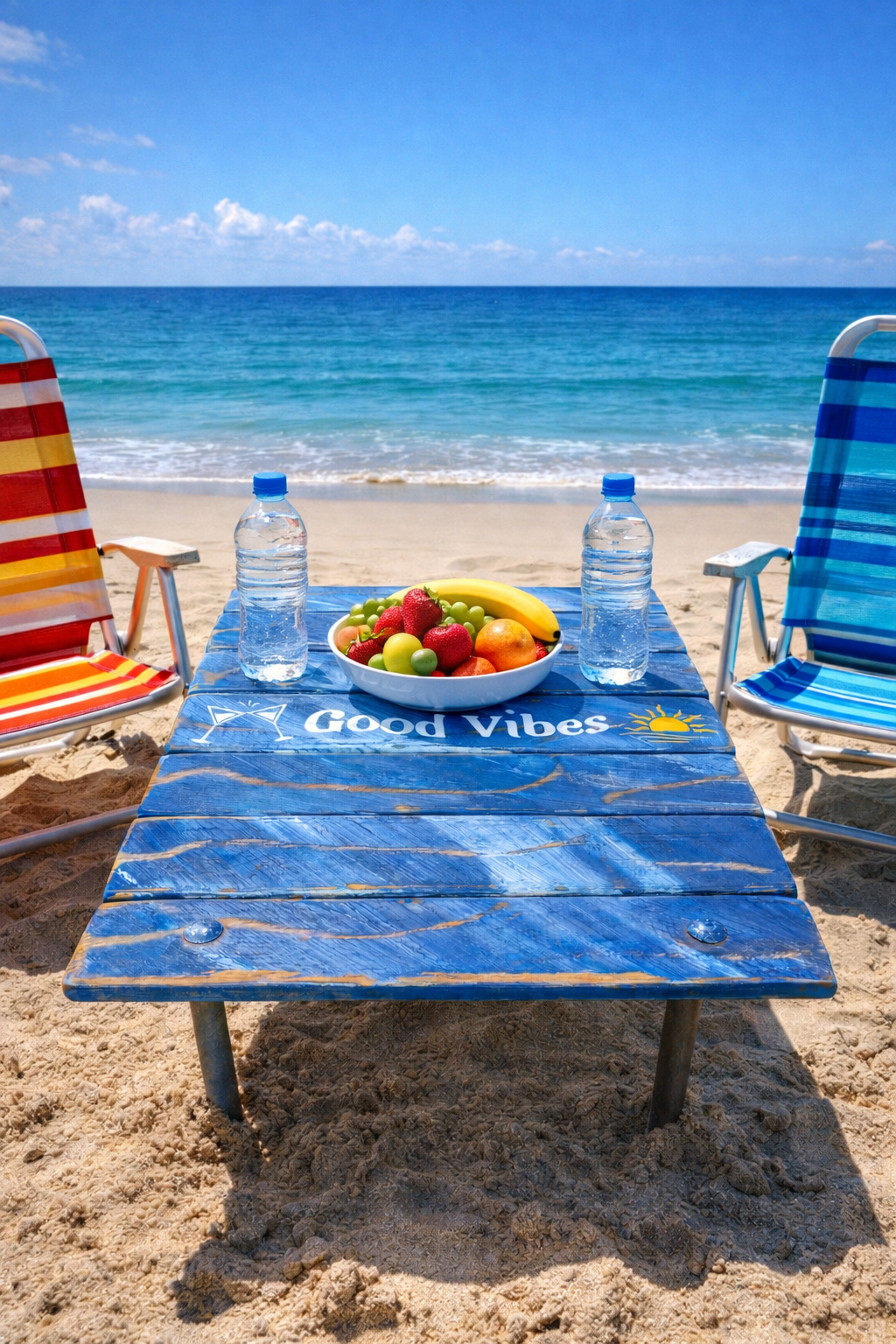 a denim blue good vibes roll up table in a bag on the beach with two beach chairs next to the table