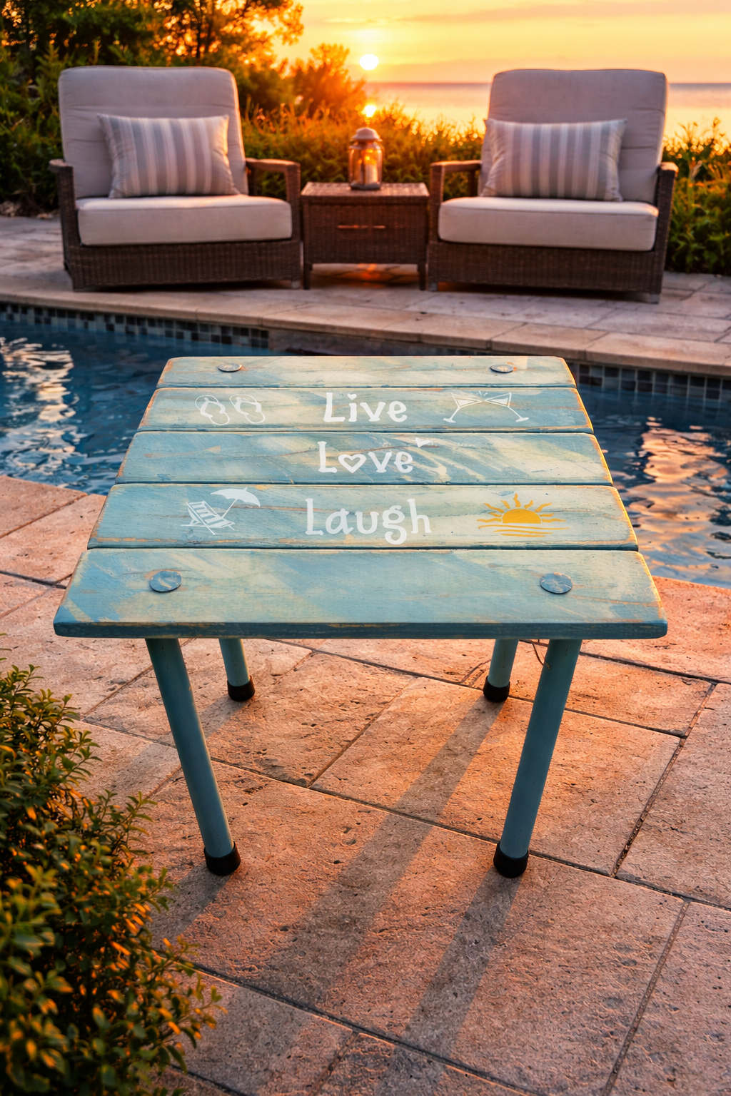 a turquoise beach table that says live love laugh on the beach next to a pool at sunset