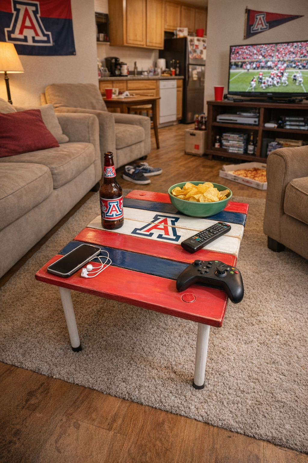 Arizona Wildcats roll-out table in an off-campus apartment living room, handcrafted cedar wood table with red, white, and blue boards used as a snack and game-day table