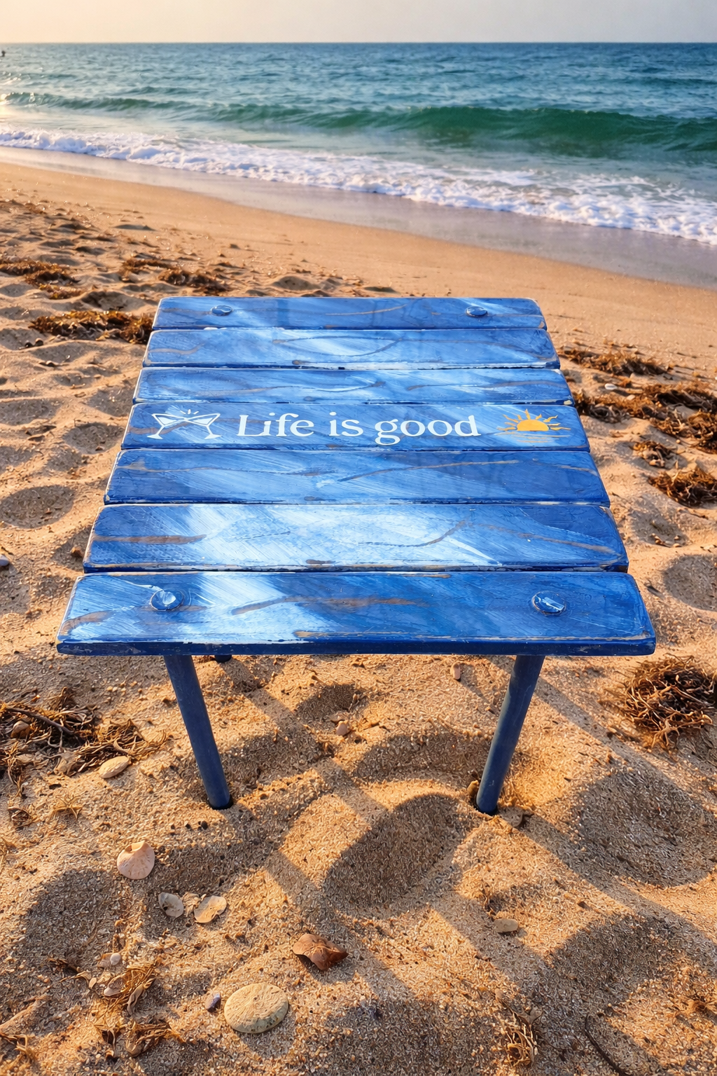 blue denim roll out table in a bag that says life is good