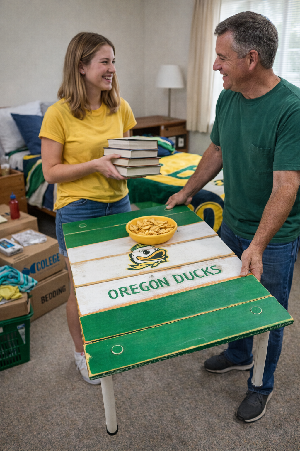 Custom university roll-out table used during college move-in day, meaningful gift moment between father and daughter in a dorm setting
