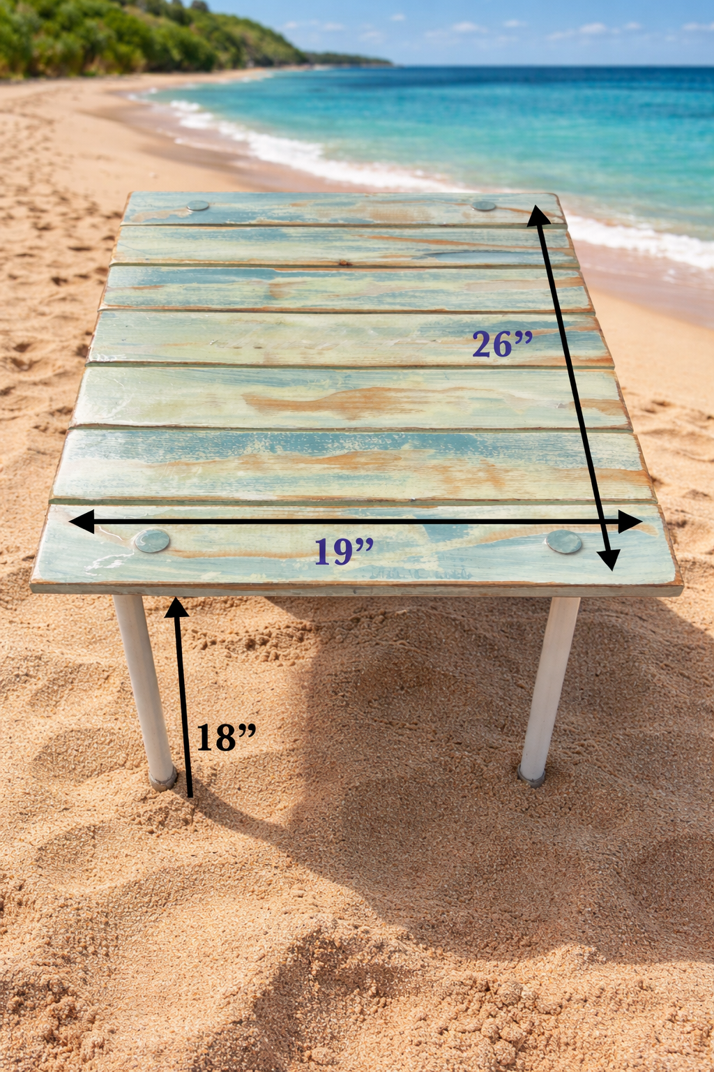 Measurements of a roll-out beach table in a bag, showing length, width, and height