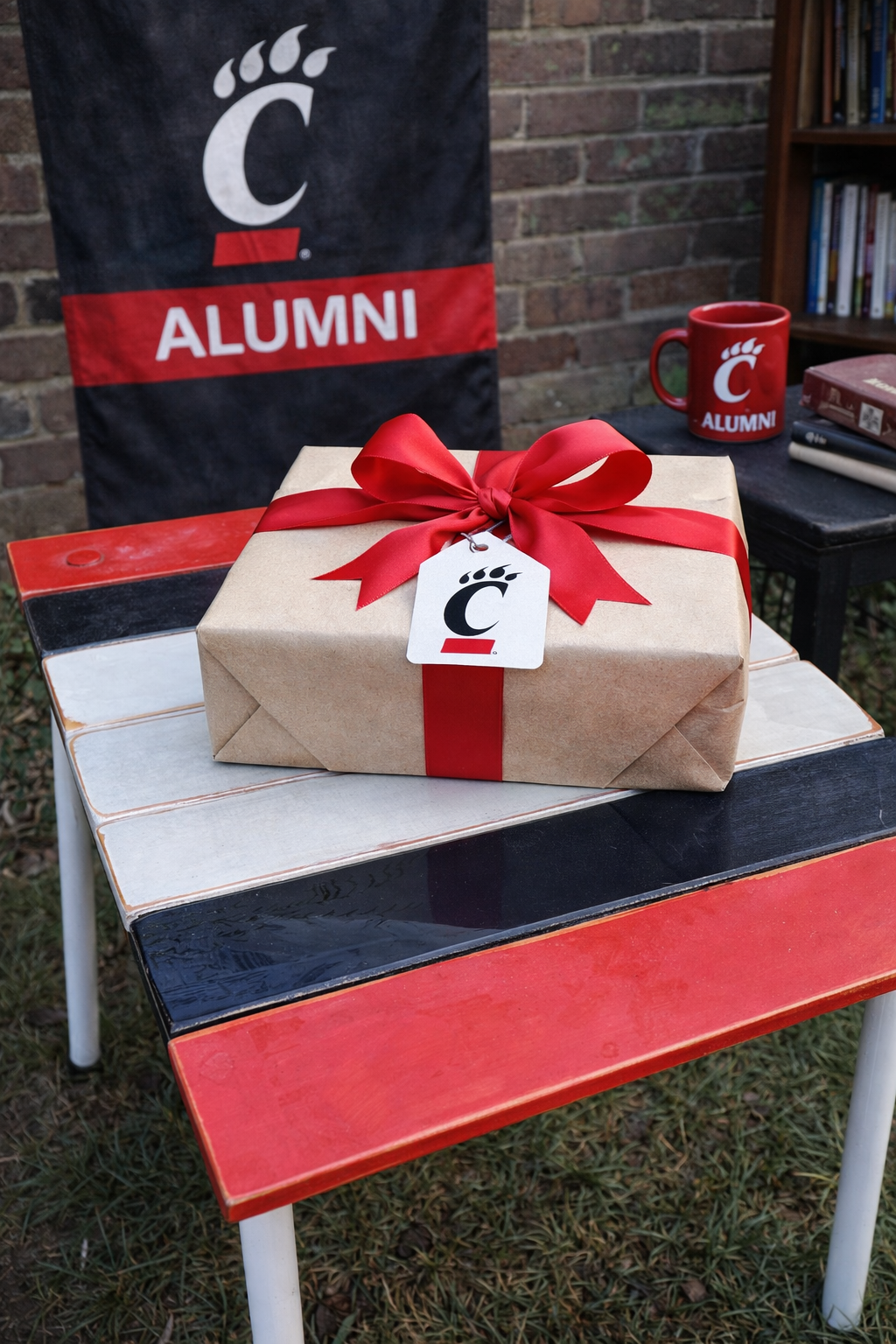 University of Cincinnati roll-out table with red, black, and white cedar top given to an alumni