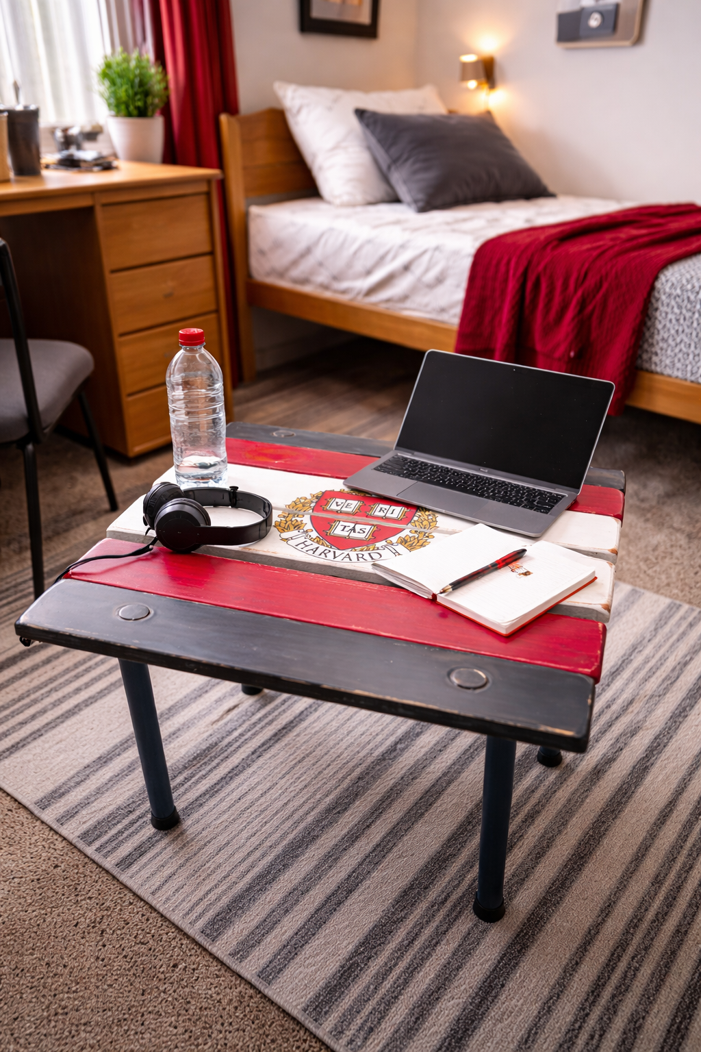 Harvard Crimson roll-out table used in a dorm room for studying, portable cedar table for campus living