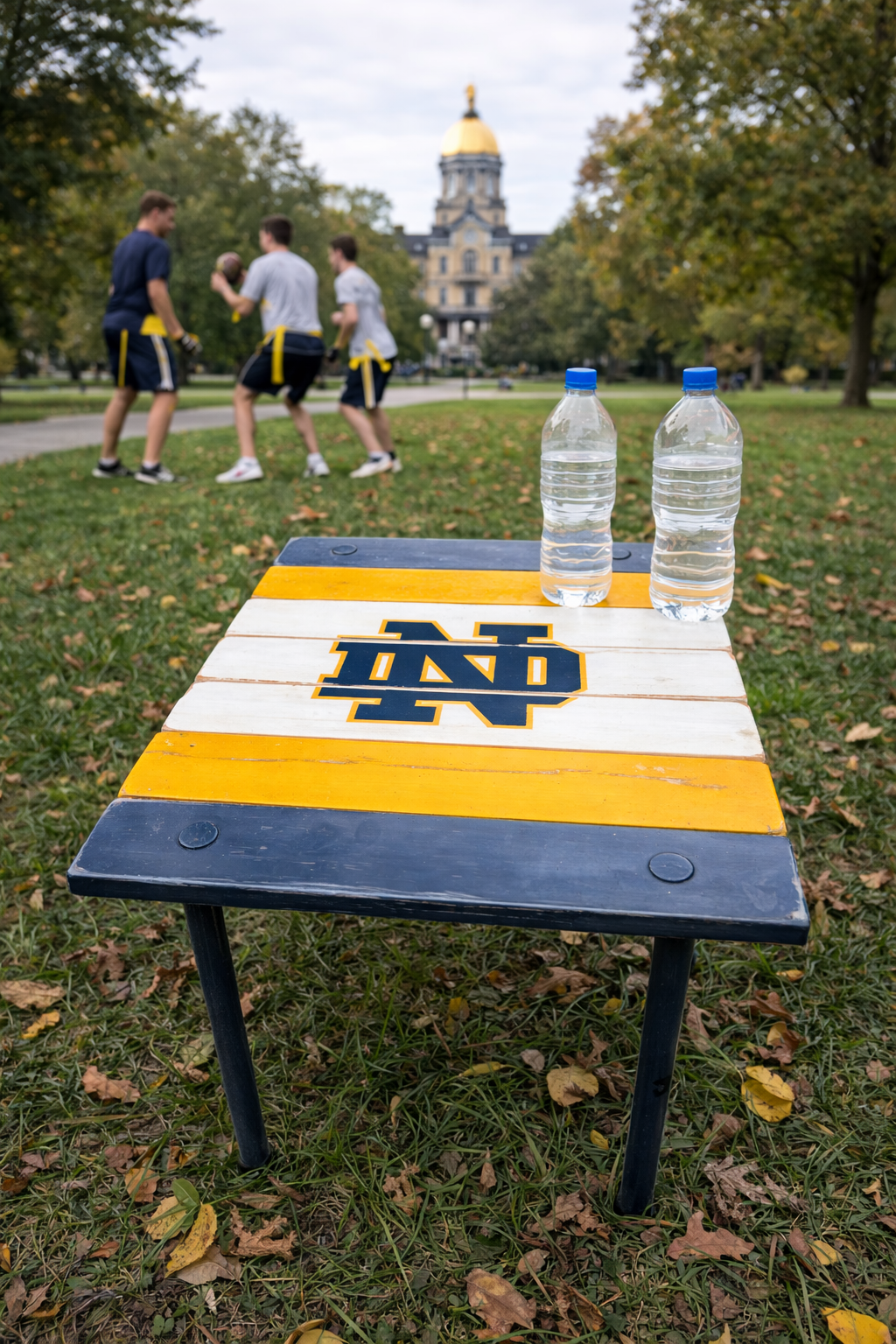 Notre Dame roll-out cedar table outdoors on college campus lawn with water bottles on top and students playing football in the background