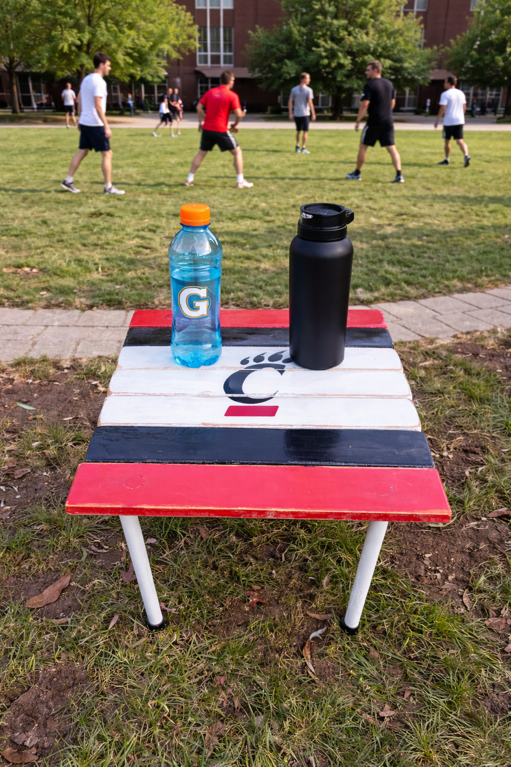 University of Cincinnati roll-out table with red, black, and white cedar top, two water bottles on table, and college students playing football on campus lawn