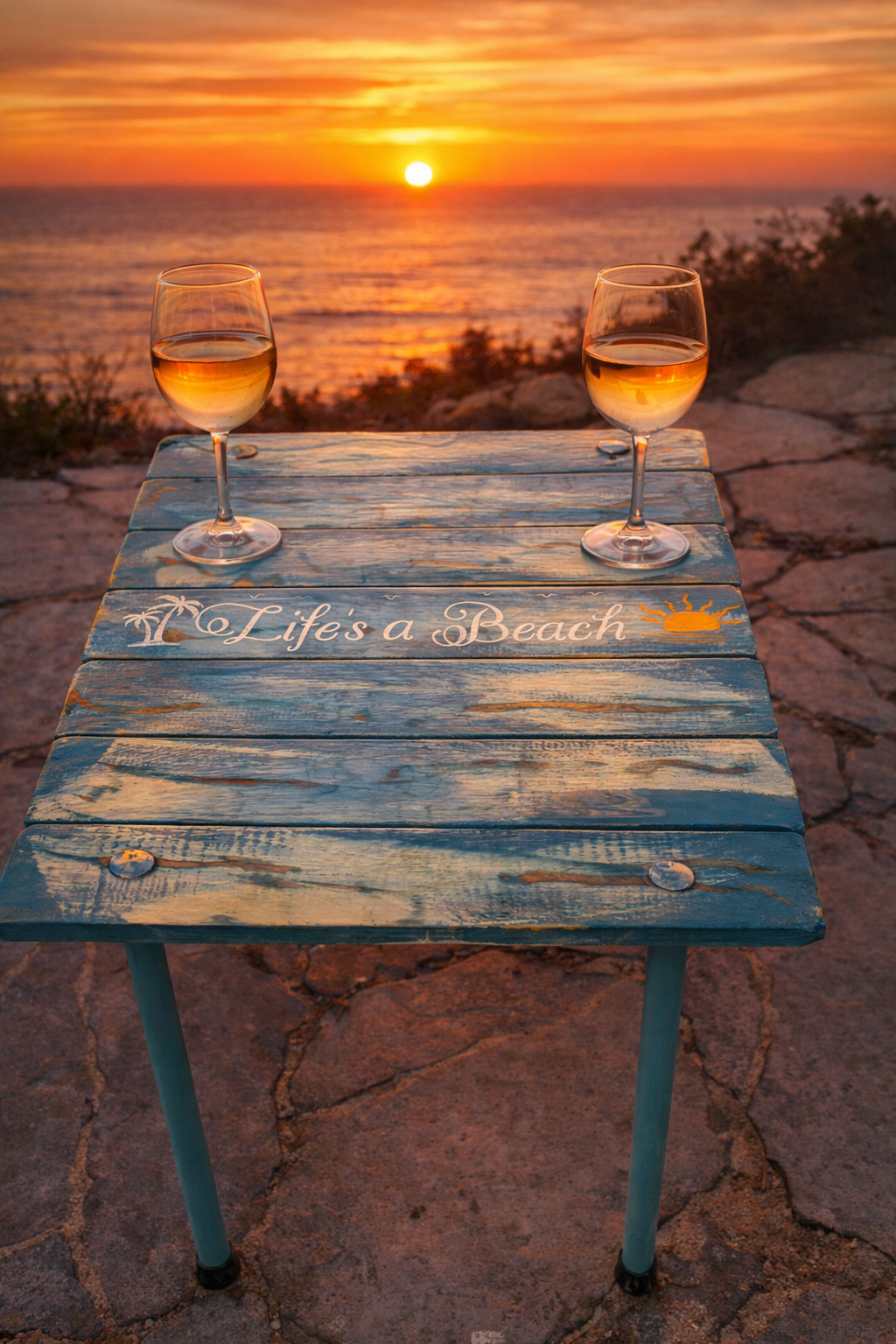 life's a beach turquoise portable beach table in a bag on the beach at sunset