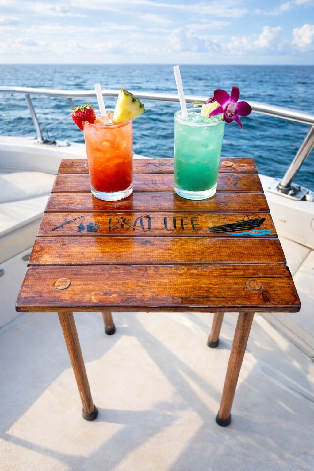 brown boat table with drinks
