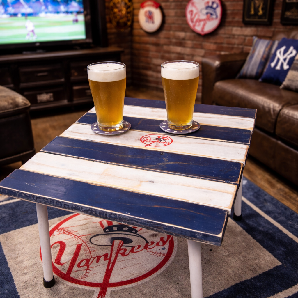 Handcrafted New York Yankees roll-out table in a bag with navy and white cedar boards, portable folding tailgate table indoors in a mancave for a yankees fan