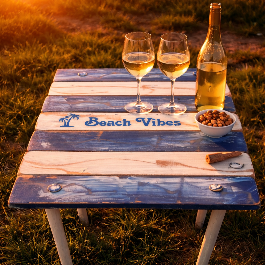 a blue and white distressed portable table that rolls up into a bag with the saying Beach Vibes on a sandy beach at sunset with wine glasses