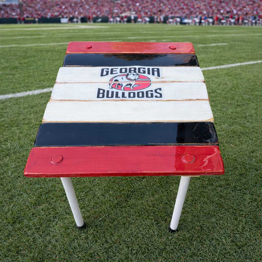 Georgia Bulldogs portable roll out table on football field grass at stadium ready for game day setup